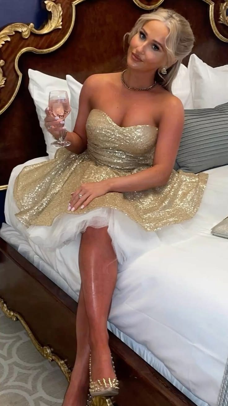 Sparkly Strapless Tulle Sequin A Line Mini Birthday Dress,Gold Short Graduation Homecoming Dress D3928