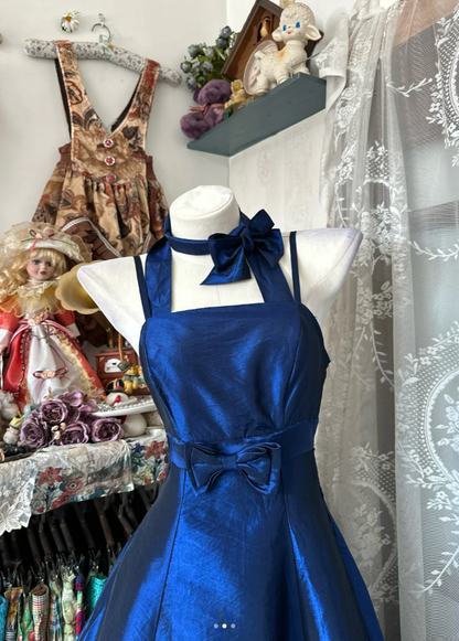 Retro Royal Blue Satin Bow A Line Long Birthday Party Dress Prom Gown D1292