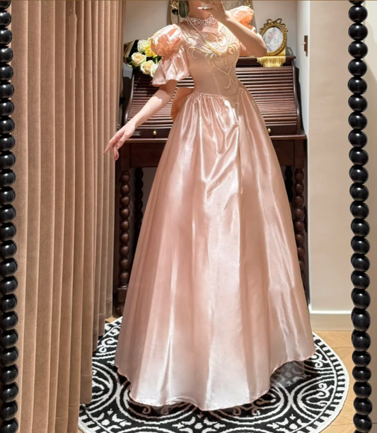 Cute Pink Ball Gown Satin Beaded Long Party Dress Prom Gown With Bow D2041
