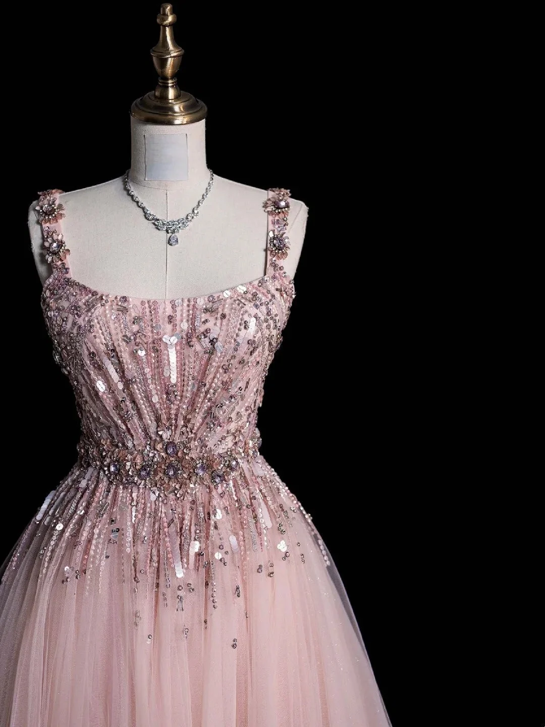 Pretty Square Neck Pink Tulle Sequin Beaded Long Party Dresses For Teens Evening Dress D4842