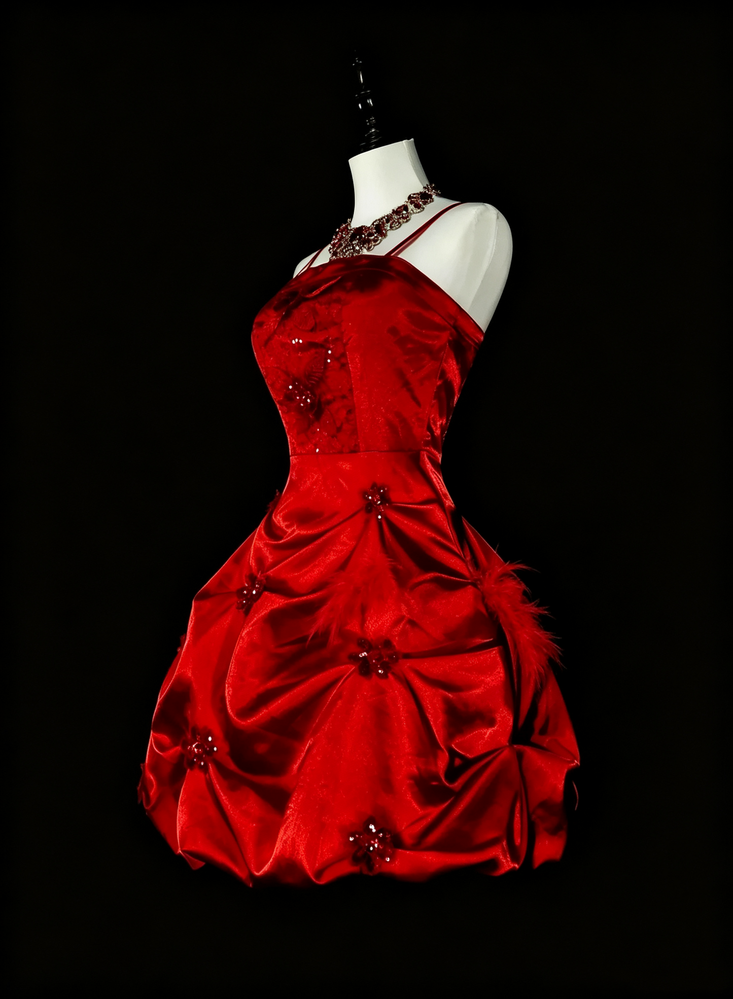 Pretty Red Satin Sequin Floral A Line Short 18th Birthday Outfits,Spaghetti Straps Mini Graduation Homecoming Dress D4043