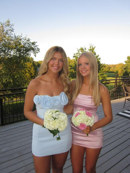 Chic Blue Strapless Satin Short Homecoming Dress,Formal 17th Birthday Outfits D3470
