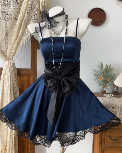 Vintage Spaghetti Straps Satin Lace Short Prom Dress,Blue A Line Short 6th Grade Homecoming Dress D3923