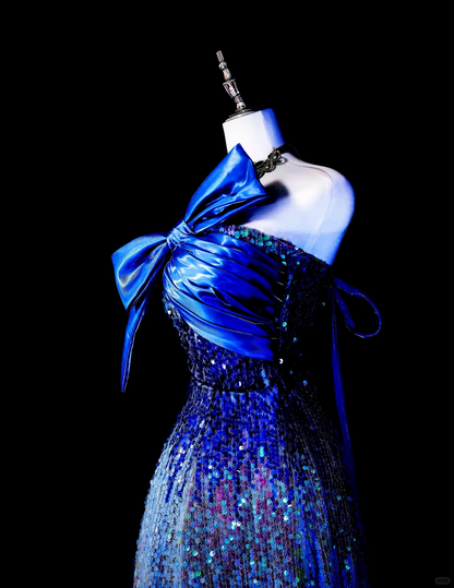 Unique Strapless Blue Sequin Long Party Dress Evening Dress D5375