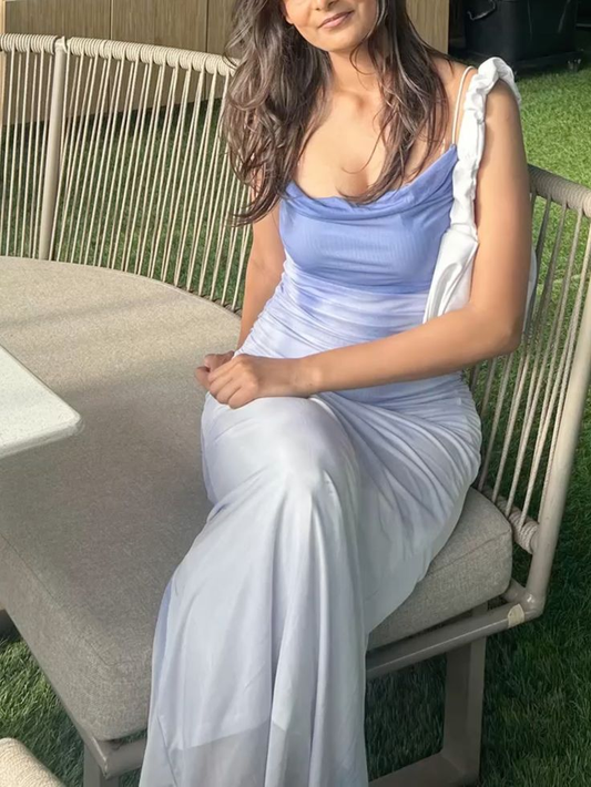 Chic Spaghetti Straps Ombre Blue Chiffon Mermaid Evening Gown Formal Wedding Guest Dress D1026