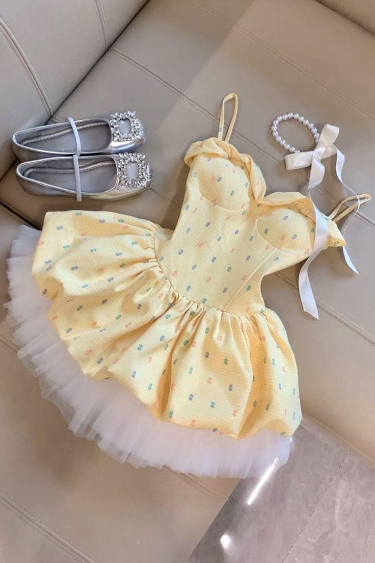 Sweet Yellow Spaghetti Straps Satin Tulle A Line Short Graduation Homecoming Dress,Formal 15th Birthday Outfits D3174
