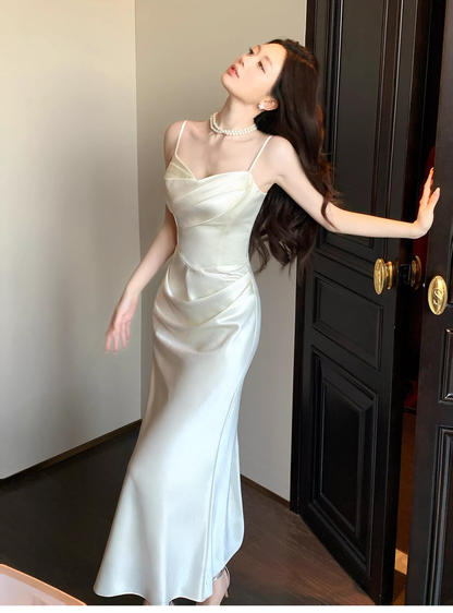 Classy Spaghetti Straps White Satin Pleated Mermaid Long Evening Dress Formal Wedding Guest Dress D2184