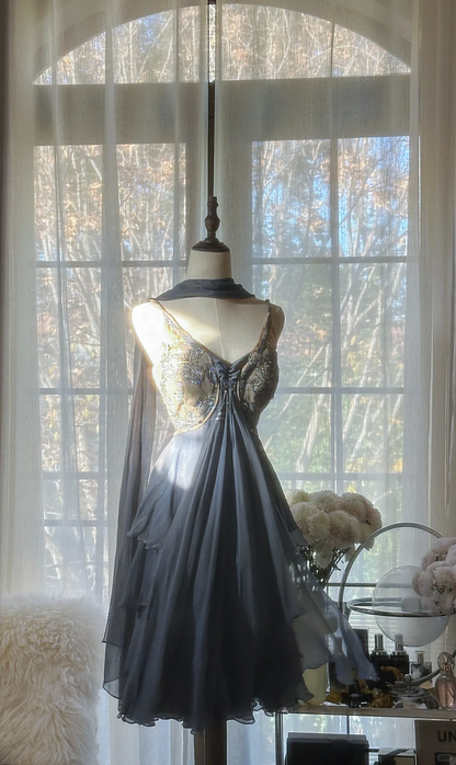 Stylish Spaghetti Straps V Neck Chiffon Sequin Cocktail Dress Blue Short Birthday Outfits Homecoming Dress S730