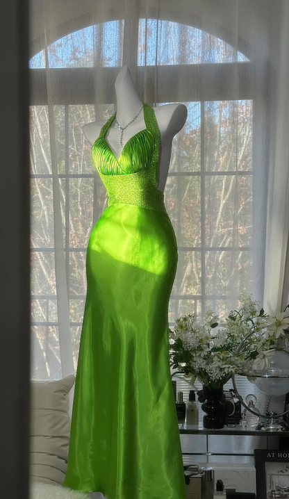 Unique Green Halter Satin Beaded Mermaid Party  Dress Backless Long Evening Dress Wedding Guest Dress D2103
