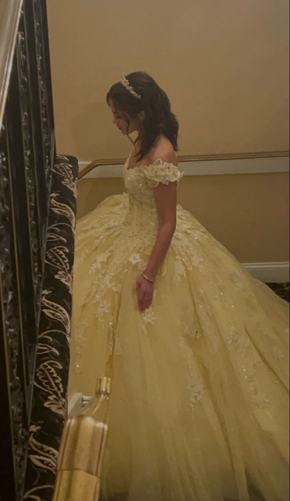 Pretty Yellow Sweet 15 16 Dress Off The Shoulder Tulle Sequin Appliques Quinceanera Dress D4987