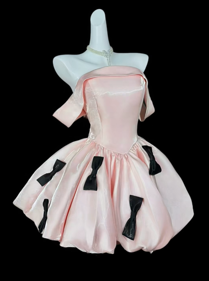Glamorous Off The Shoulder Satin Bow A Line Short Birthday Party Dress,Pink Mini Homecoming Dress D4200