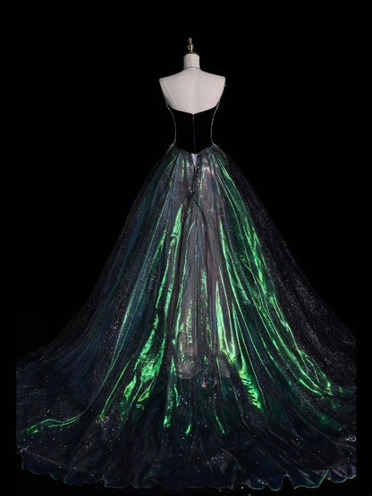 Fashion Strapless Mermaid Long Prom Dress Silver Sequin Green Tulle With Beaded Long Evening Dress D4852