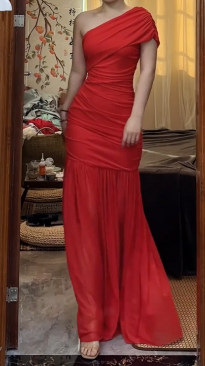 Elegant One Shoulder Red Chiffon Pleated Mermaid Prom Dress Long evening Gown  D1237