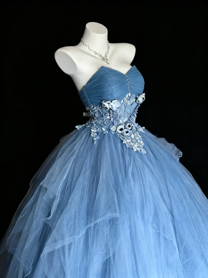 Charming Strapless Blue Tulle Appliques Quinceanera Dress Sweet 15 16 Dress D5272