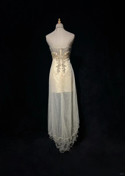 Modern Light Champagne Satin Tulle Beaded Sheath Short Homecoming Dress,Formal 18th Birthday Outfits D3386