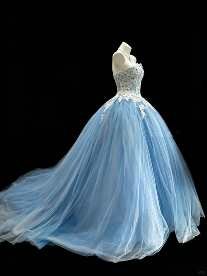 Pretty Strapless Tulle Appliques Birthday Quinceanera Dress Light Blue Sweet 16 Dress D5294