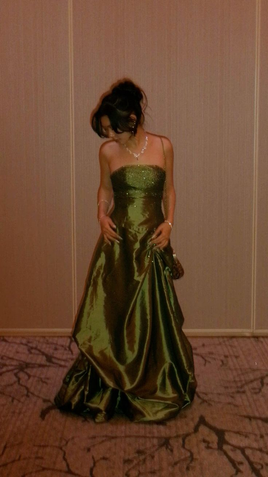 Elegant Olive Green Strapless Satin Sequin Long Birthday Party Dress Evening Gown  D1505