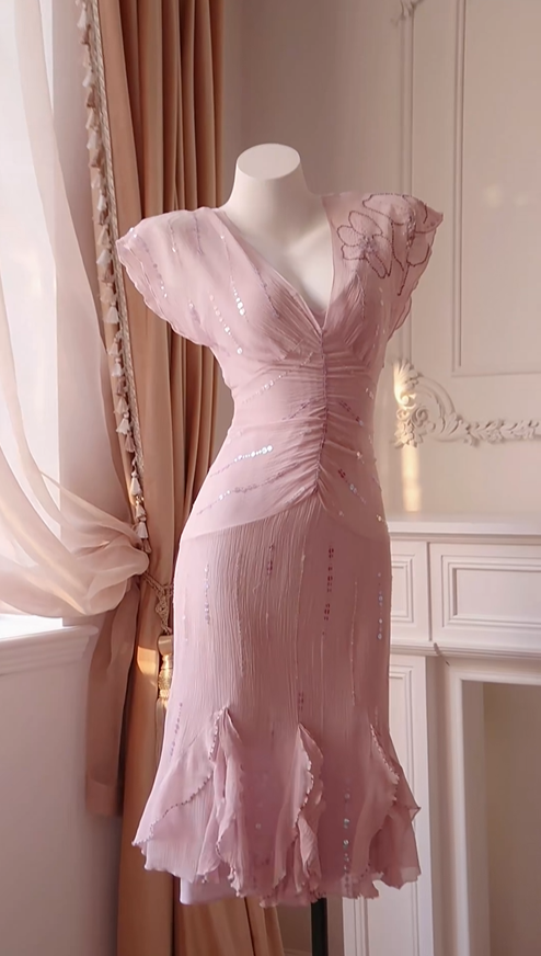 Sexy V Neck Sleeveless Pink Chiffon Sequin Midi Party Dress Prom Dress D2721