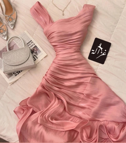 Pretty Sheath Pink Long Ruffles Prom Dresses Formal Evening Dress SD2388