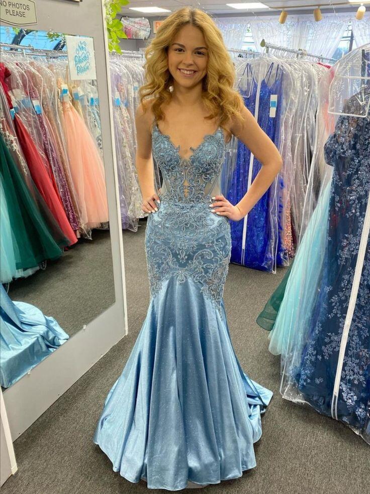 Elegant Spaghetti Straps Blue Satin Lace Mermaid Long Prom Dress Party Gown D4412