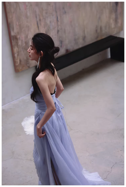 Classy Haze Blue Strapless Tulle Pleated Mermaid Long Party Dress Evening Gown D2460