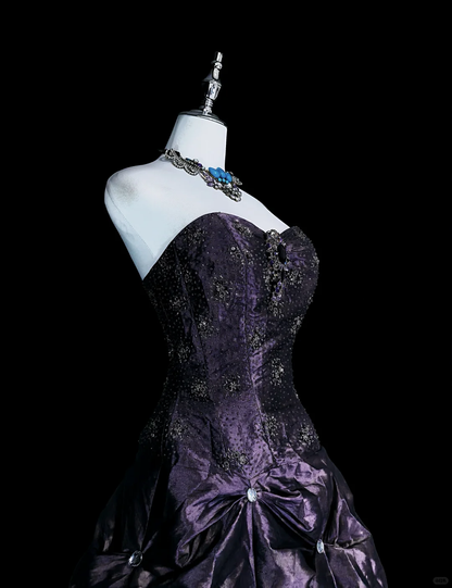 Vintage Purple Strapless Satin Beaded Long Party Dress Evening Dress D5371