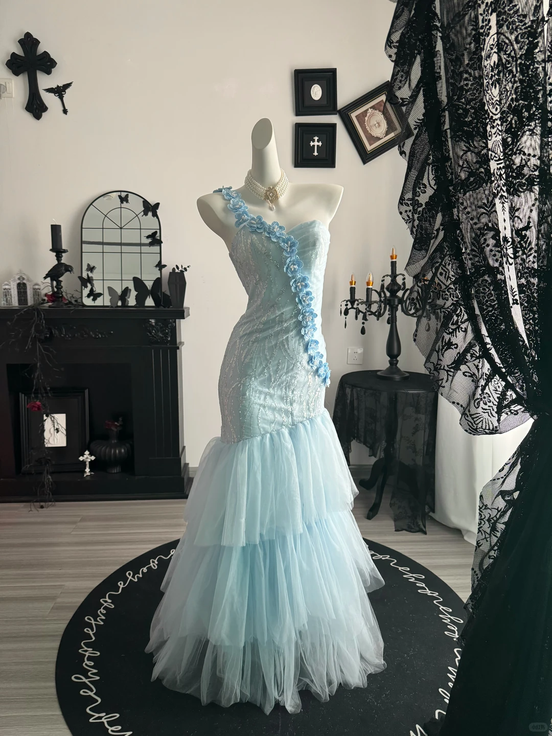 Classy Blue One Shoulder Sequin Tulle Layered Mermaid Long Prom Dress Evening Dress With Florals D3713