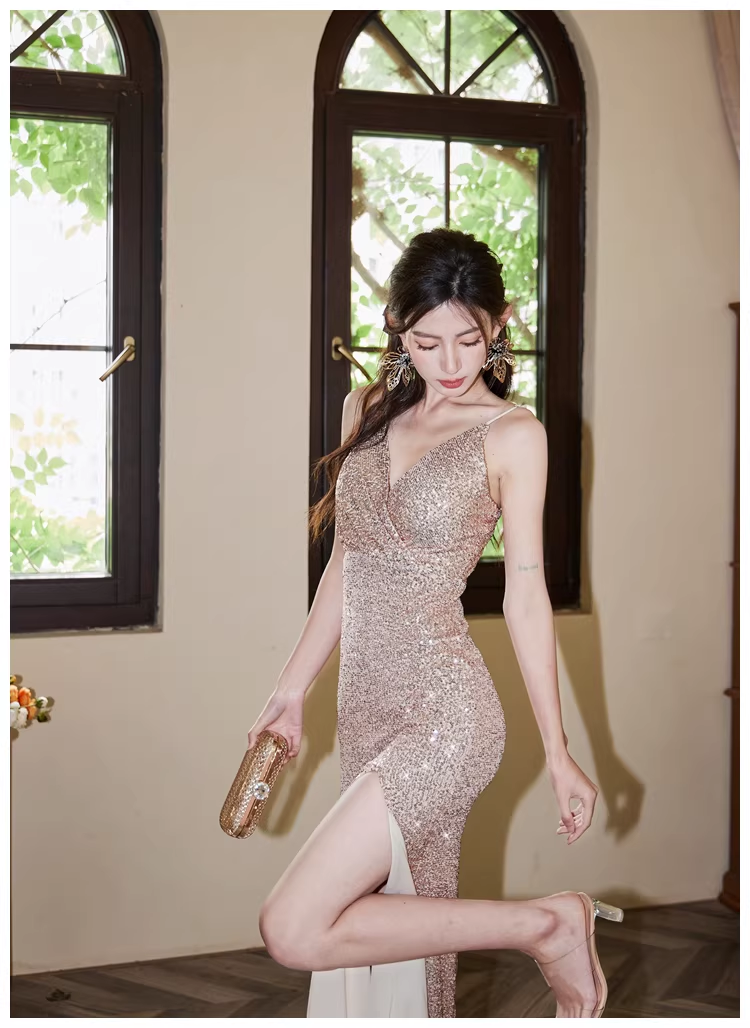 Sparkly Spaghetti Straps Champagne Gold Sequin Slit Mermaid Long Prom Dress Evening Gown D2432
