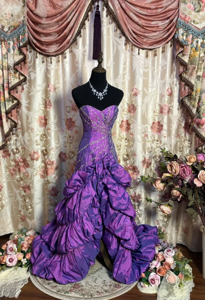 Vintage Purple Strapless Satin Beaded Mermaid Long Party Dress Evening Dress D2186