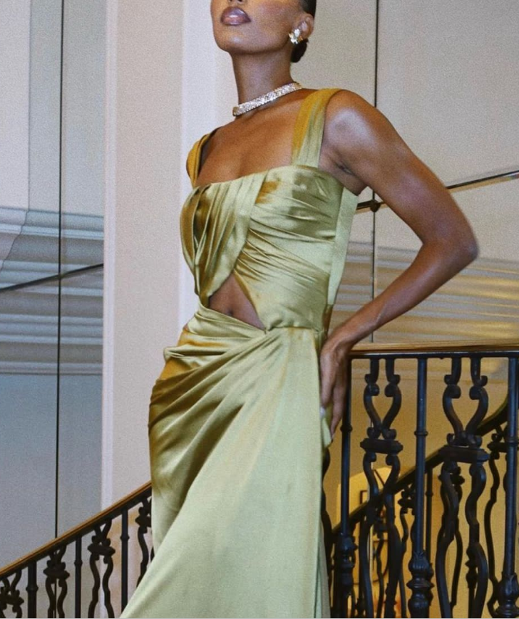 Stylish Spaghetti Straps Satin Pleated Long Wedding Guest Dress Olive Green Long Party Dress D4747