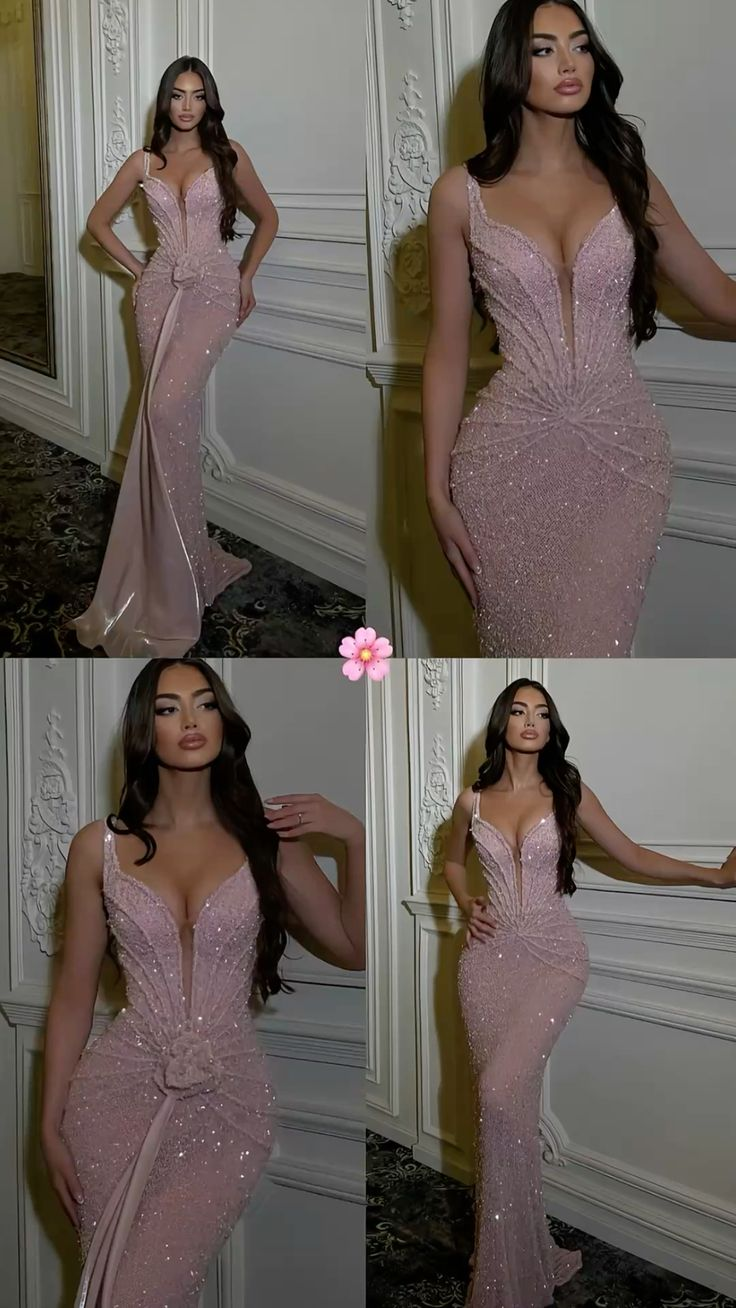 Sexy Spaghetti Straps Sequin Party Dress Pink Mermaid Long Birthday Prom Gowns D5400