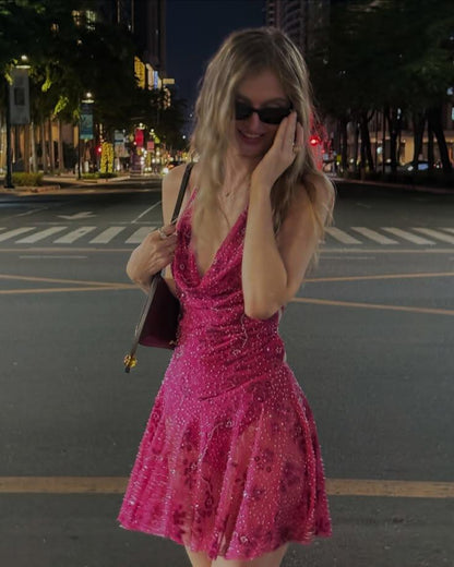 Glamorous Hot Pink Halter Sequin Beaded Short Homecoming Dress Birthday Outfits D3610