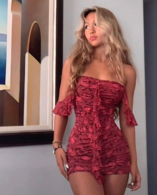 Vintage Off The Shoulder Burgundy Chiffon Printed Floral Short Party Dress Formal Homecoming Dress D394