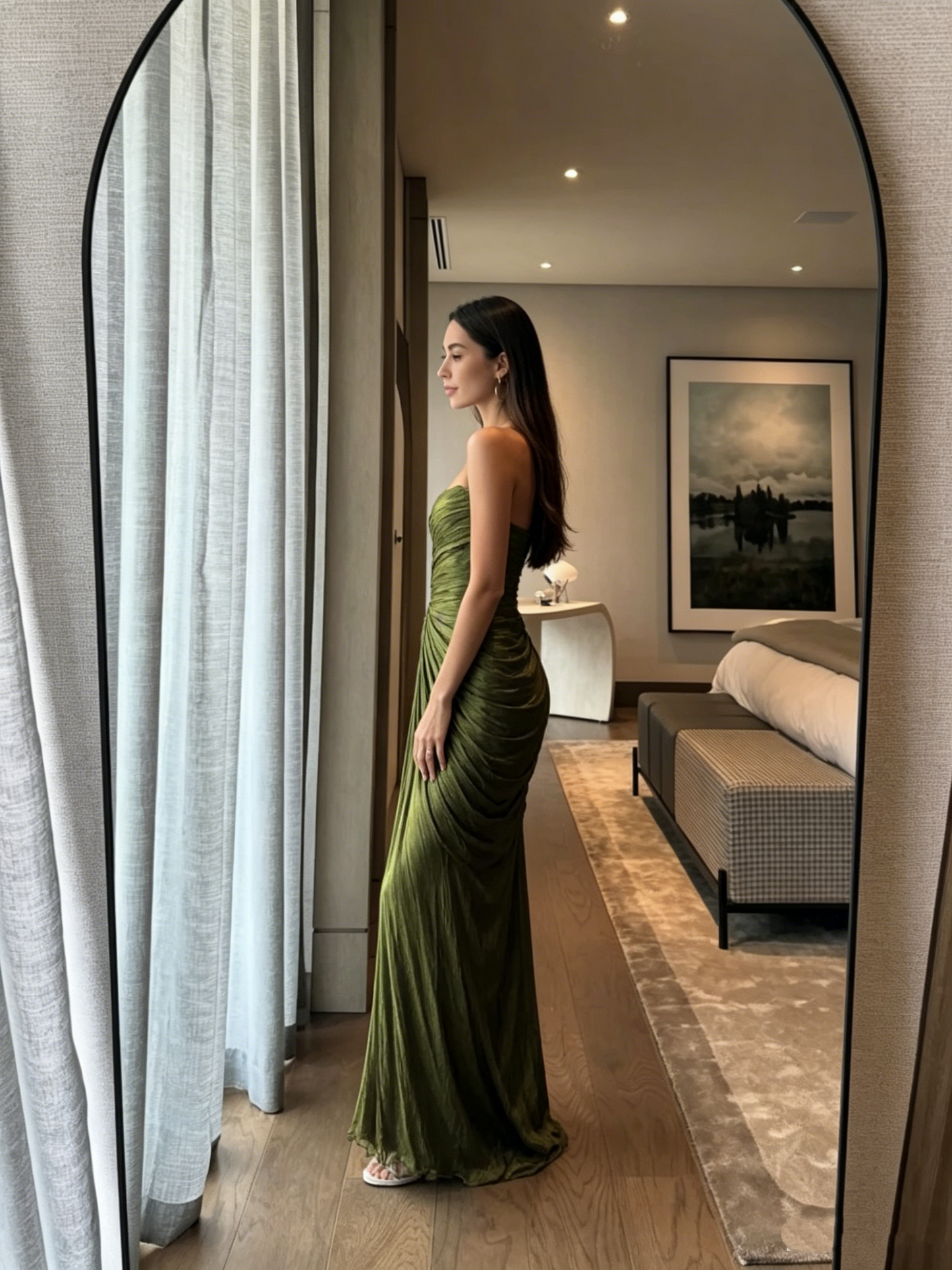 Vintage Green Strapless Tulle Pleated Mermaid Long Evening Dress Formal Guest Dress D827