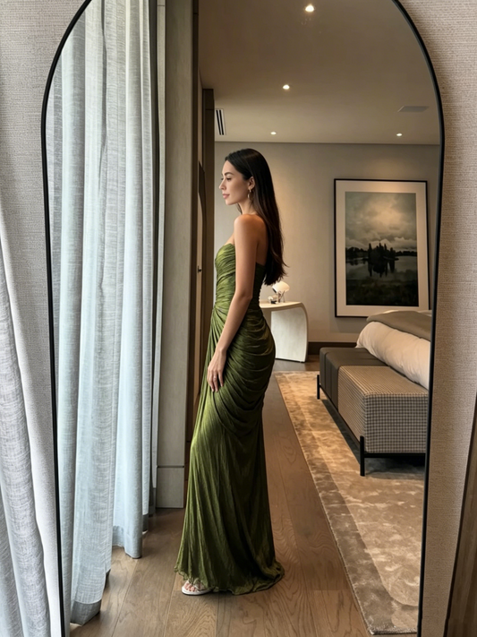 Vintage Green Strapless Tulle Pleated Mermaid Long Evening Dress Formal Guest Dress D827