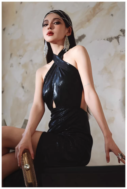 Sexy Black Halter High Slit Sheath Long Evening Dress Backless Prom Gowns D2412