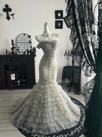 Classic Gray Tulle Pleated Layered Mermaid Evening Dress,Off The Shoulder Prom Gown D3708