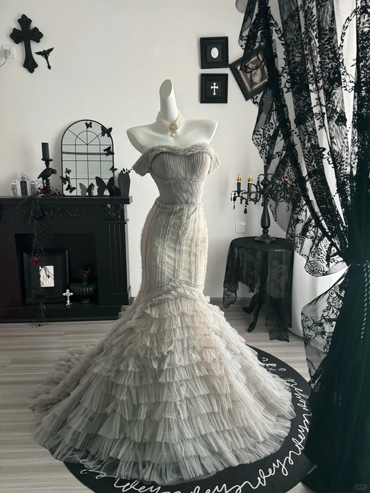 Classic Gray Tulle Pleated Layered Mermaid Evening Dress,Off The Shoulder Prom Gown D3708