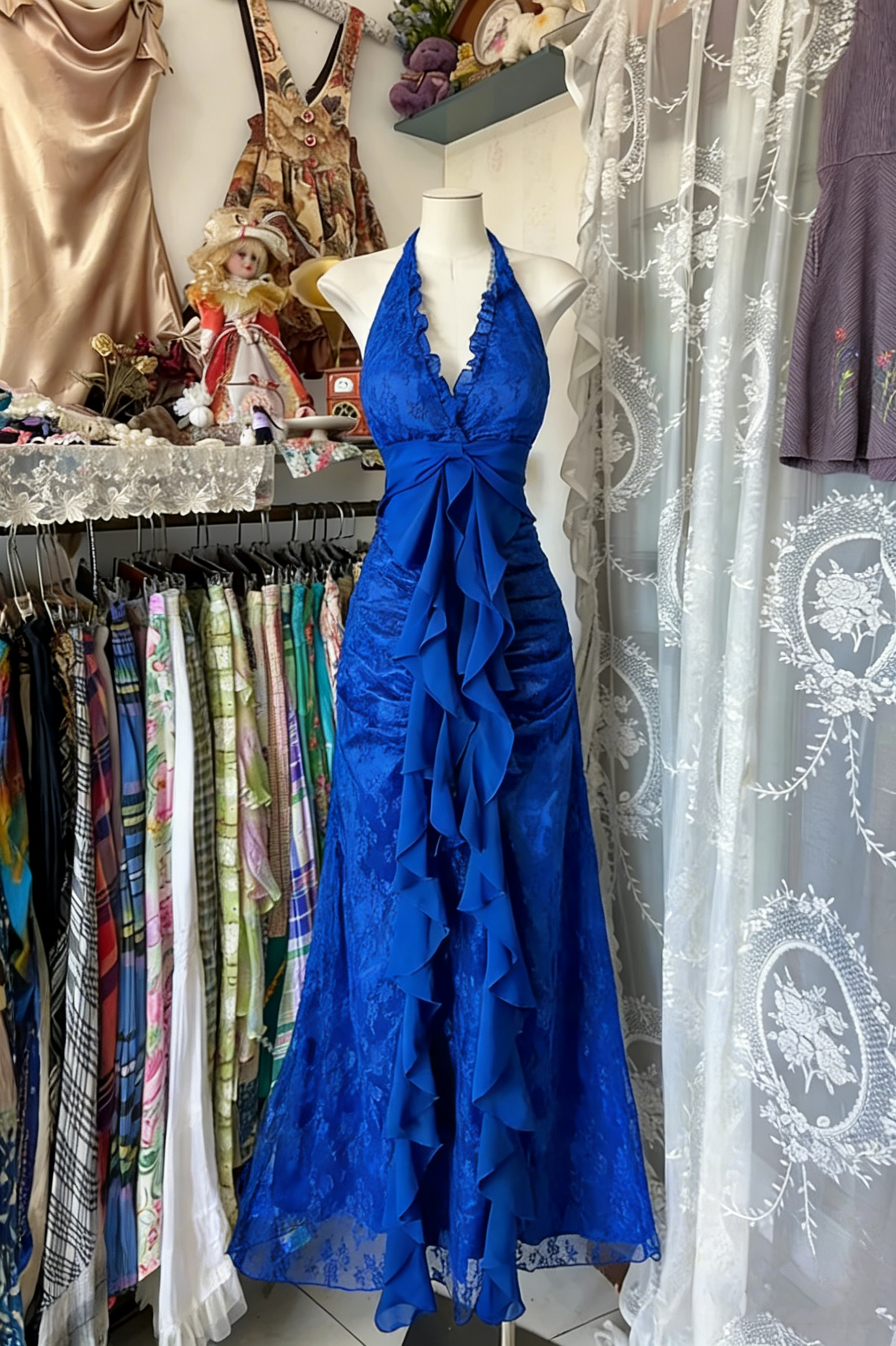 Vintage Mermaid Halter Sleeveless Long Black Lace Evening Dress Prom Dresses SD1908