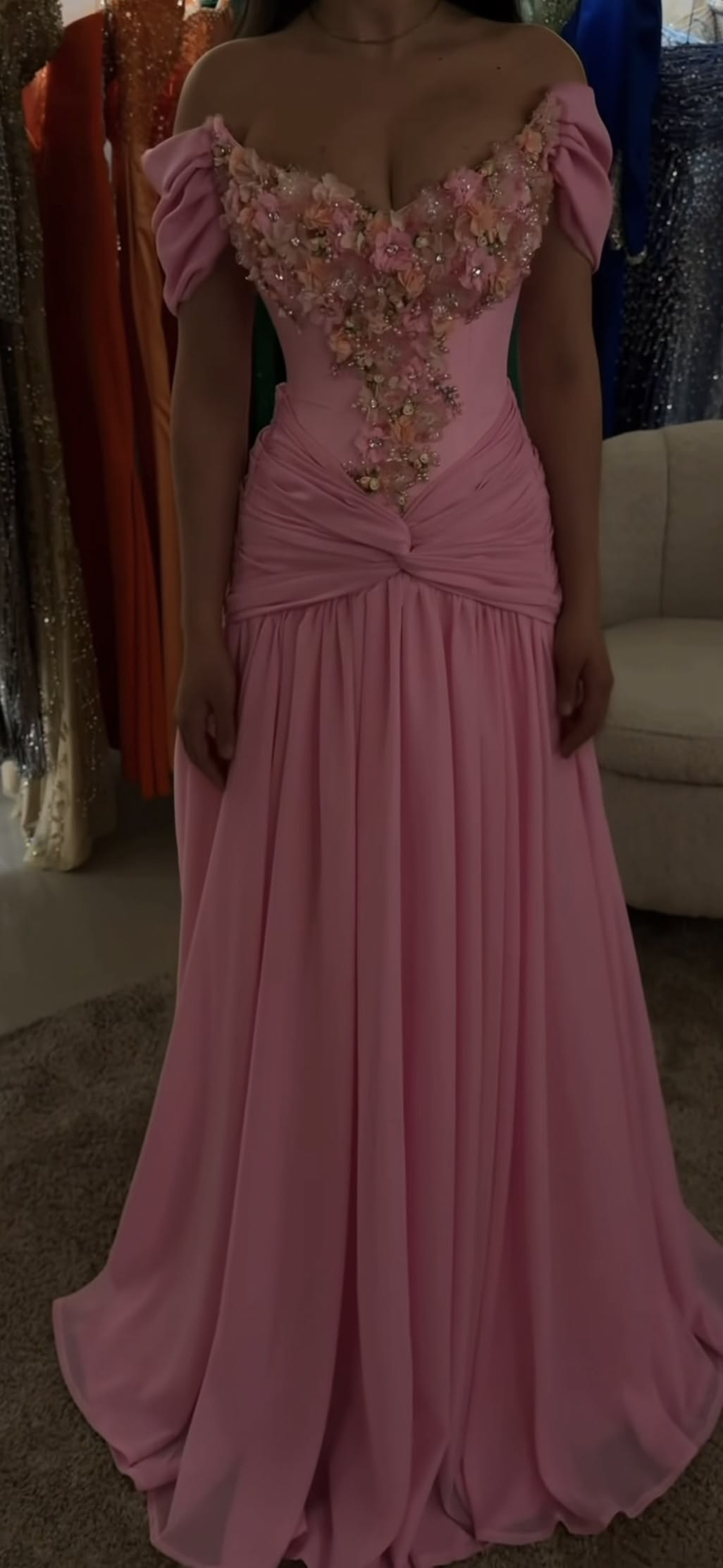 Charming Off The Shoulder Chiffon Appliques Long Evening Dress Pink Long Birthday Party Dress D4355