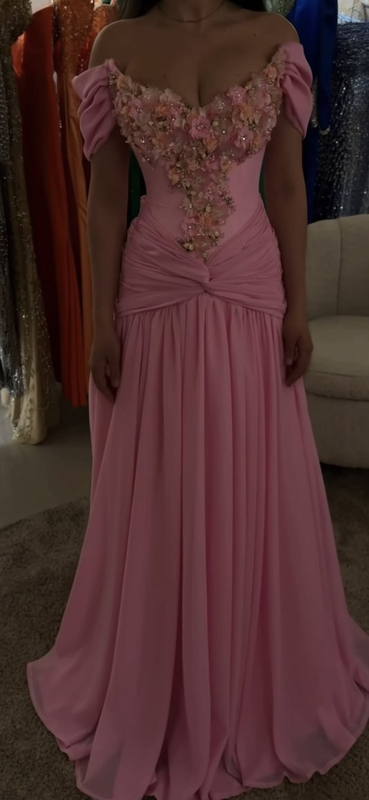 Charming Off The Shoulder Chiffon Appliques Long Evening Dress Pink Long Birthday Party Dress D4355