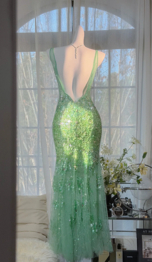 Sparkly Green V Neck Tulle Sequin Beaded Mermaid Long Evening Dress Party Gown D2378