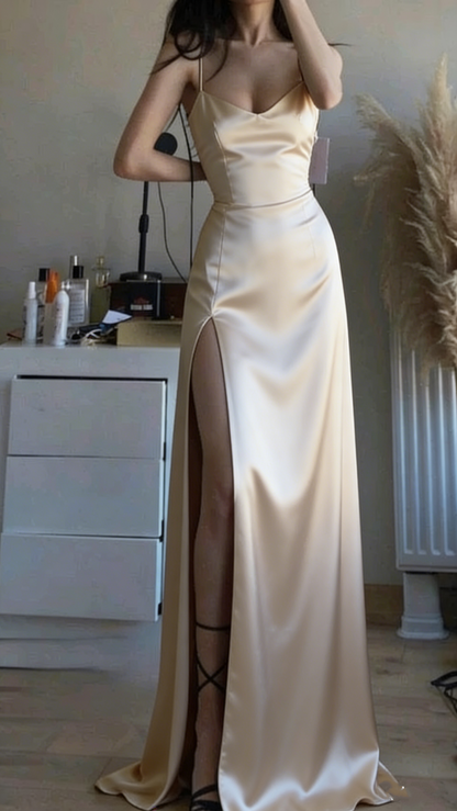 Sexy A Line Spaghetti Straps Black Satin Slit Party Dress Long Prom Dresses SD1516