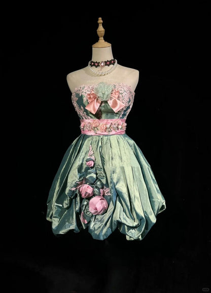 Pretty Green Strapless Satin Appliques A Line Short Homecoming Dress Cocktail Dress With 3D Flowers D3387