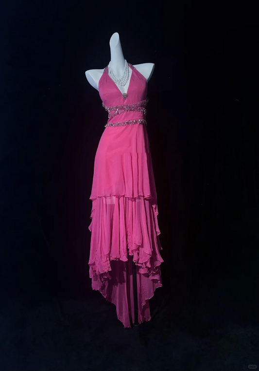 Elegant Hot Pink Chiffon Beaded Mermaid Long Party Dress,Halter V Neck Prom Gowns D2842
