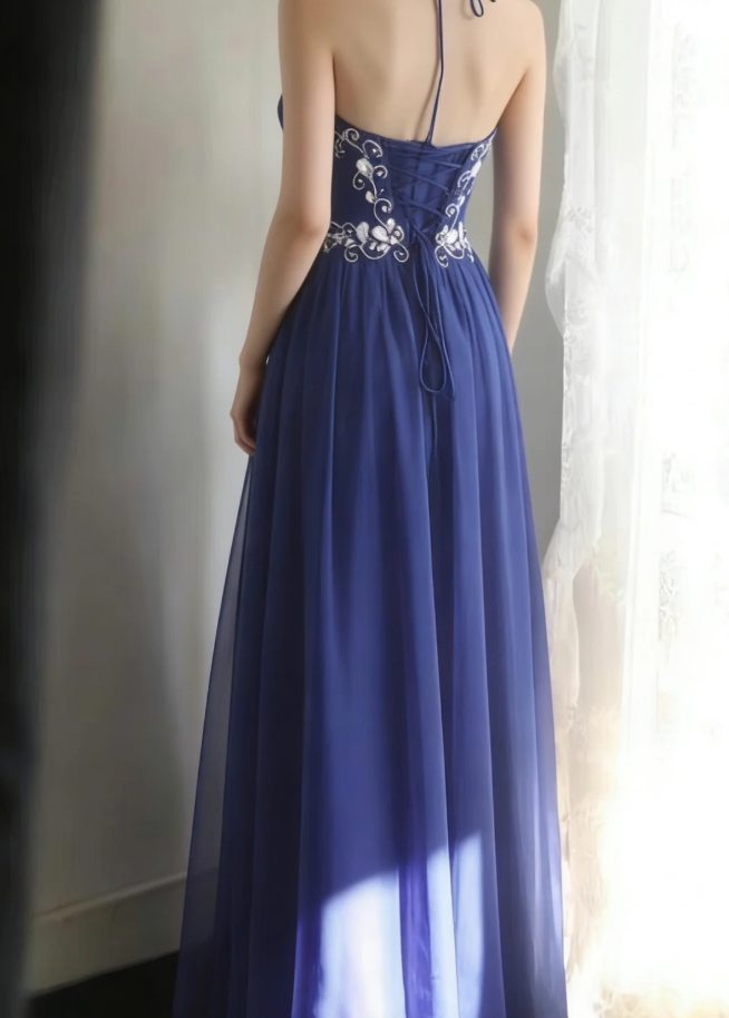 Stylish Halter Royal Blue Chiffon Beaded Long Evening Dress Formal Wedding Guest Dress Prom Gown D2201