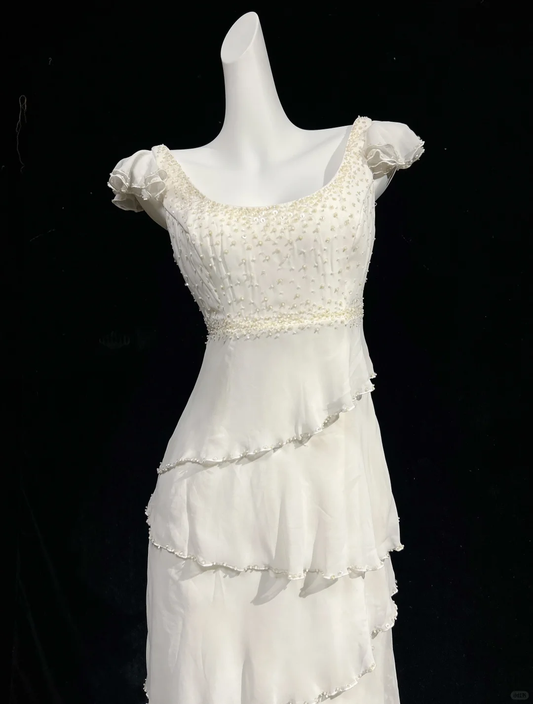 Classy White Sleeveless Chiffon Layered Beaded Long Party Dress Evening Dress D2841