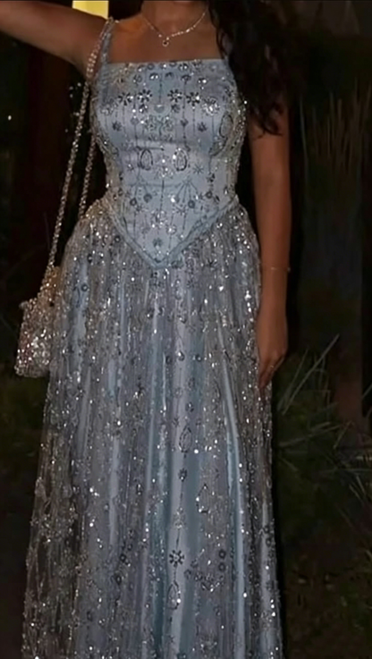 Sparkly Spaghetti Straps Blue Satin Tulle Sequin A Line Long Evening Dress Party Gown D2976