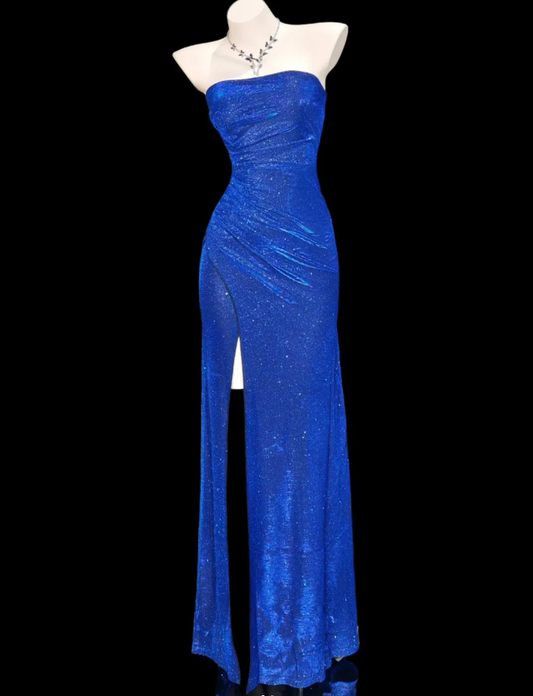 Shiny Strapless Royal Blue Satin Sequin Slit Mermaid Evening Dress Long Party Gown D2333