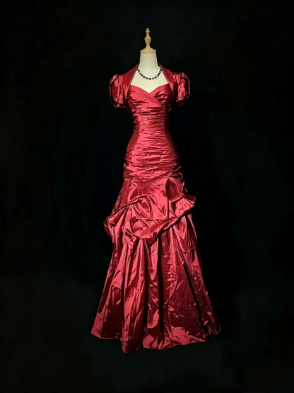 Vintage Blue Satin Pleated Mermaid Long Party Gown Formal Prom Dress D753
